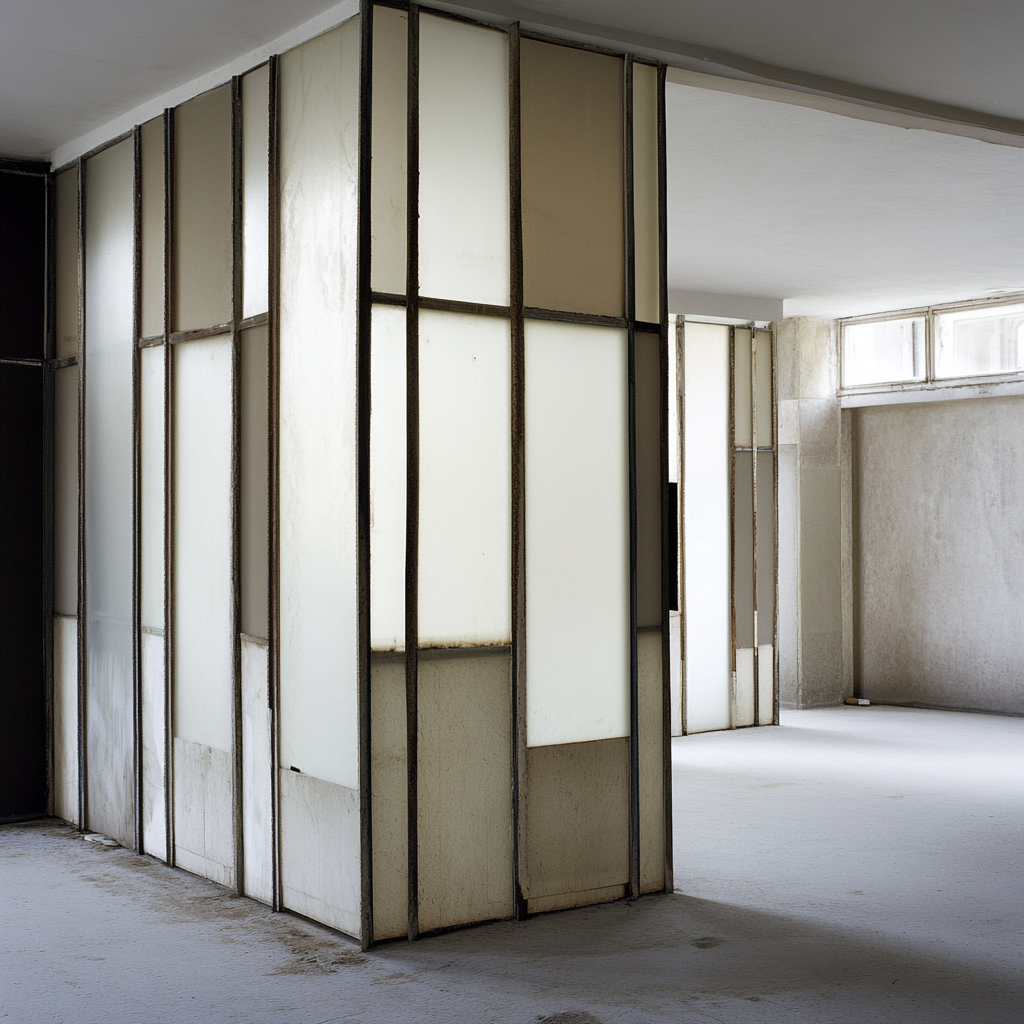 Movable partition walls in a room.